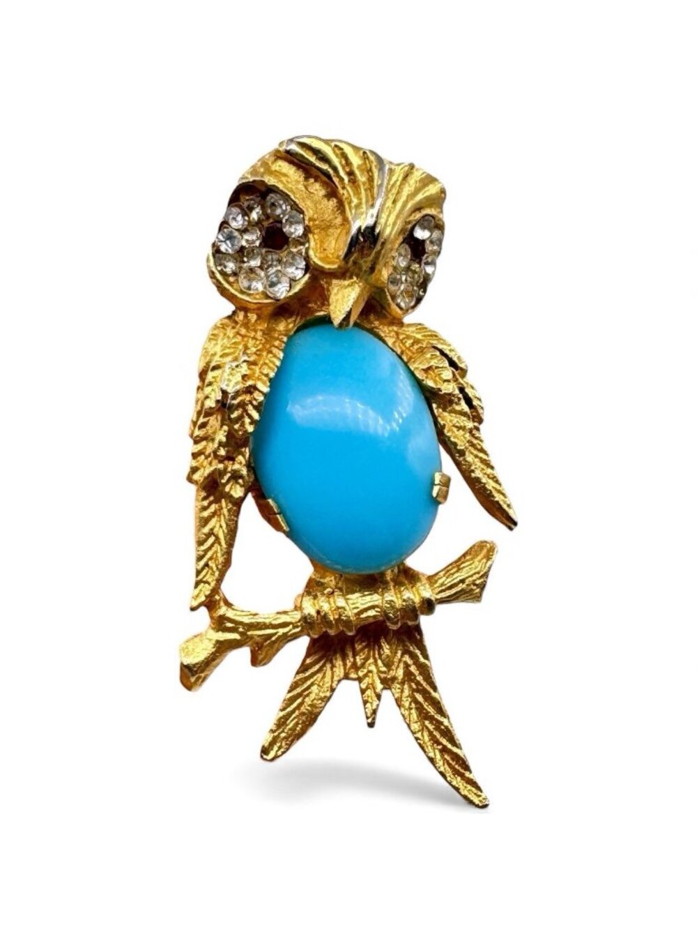 Vintage Bijoux Cascio Owl Brooch Gold-Tone Figural Blue Art Glass Belly Italy - Picture 1 of 9